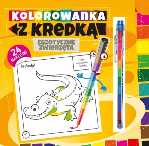 Kolorowanka z kredką Egzotyczne zwierzęta 3+ 24 naklejki kredka 11 kolorów