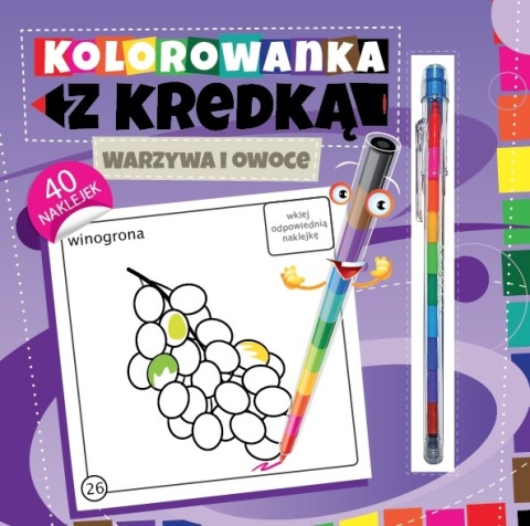 Kolorowanka z kredką Warzywa i owoce 3+ 36 stron 40 naklejek Malowanka