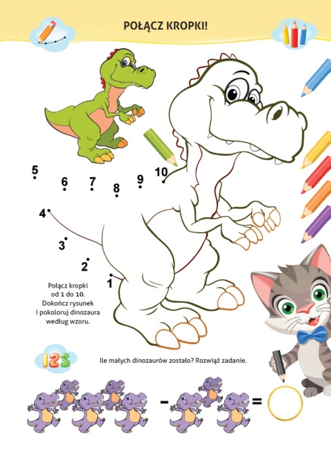 Nauka z kotem Maćkiem Dinozaury Książeczka edukacyjna kolorowanka naklejki