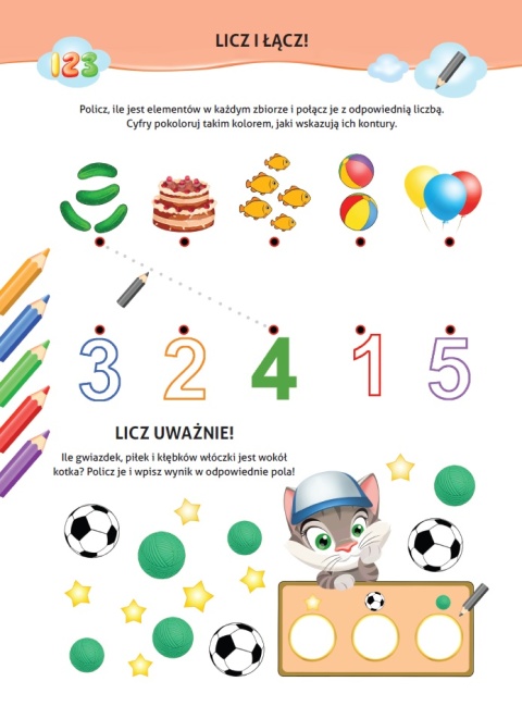 Nauka z kotem Maćkiem Liczby Książeczka edukacyjna Kolorowanka z naklejkami