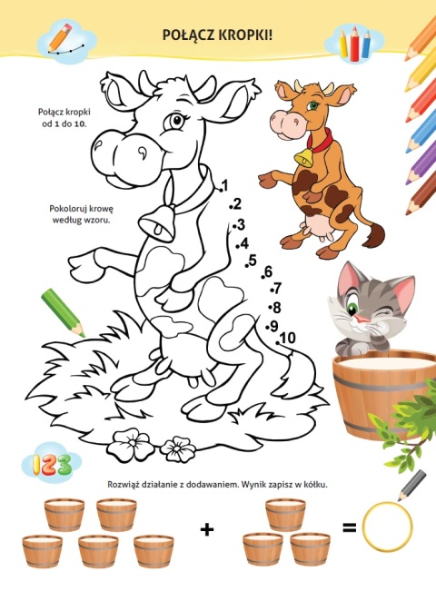 Nauka z kotem Maćkiem Na farmie książka dla dzieci 4+ kolorowanka naklejki
