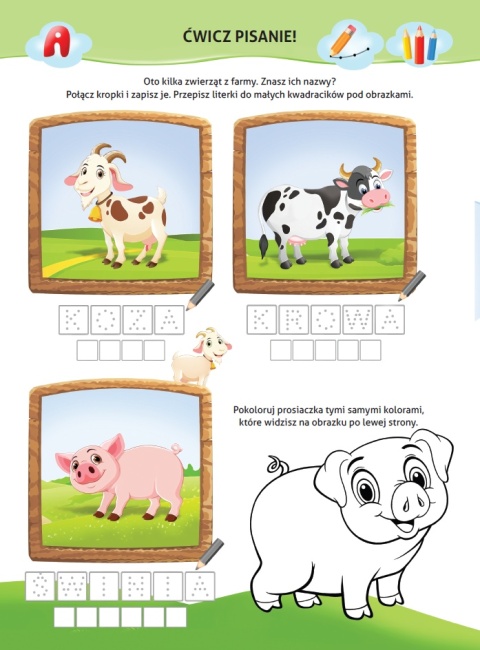 Nauka z kotem Maćkiem Na farmie książka dla dzieci 4+ kolorowanka naklejki