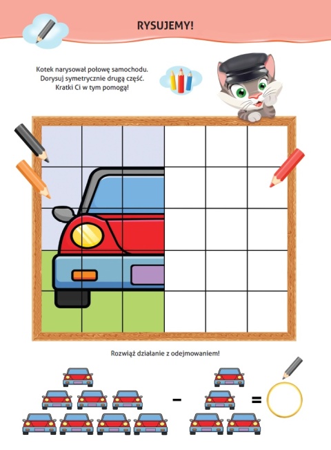 Nauka z kotem Maćkiem Pojazdy Książeczka z naklejkami Kolorowanka zadania