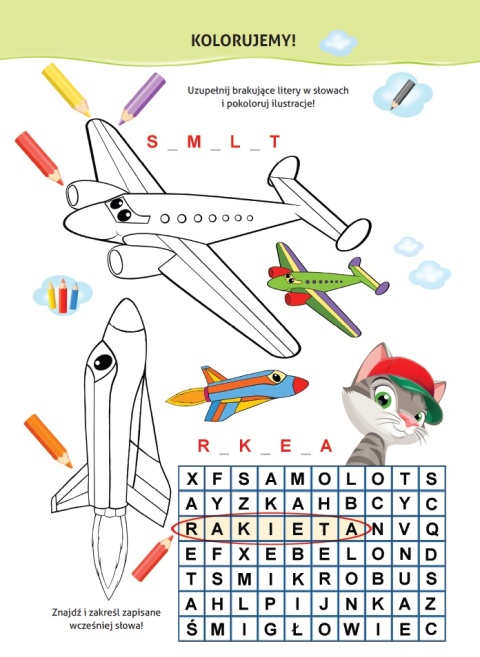 Nauka z kotem Maćkiem Pojazdy Książeczka z naklejkami Kolorowanka zadania