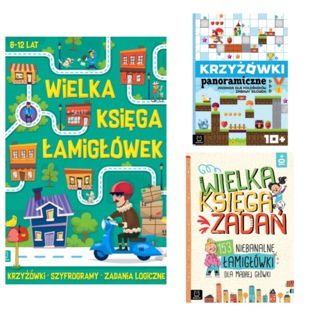 Pakiet książeczek łamigłówki krzyżówki dla dzieci zadania 8-12 lat 3 szt