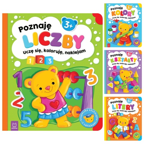 Zestaw 4 książeczki edukacyjne 3+ litery liczby kolory kształty dla dzieci