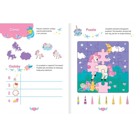 Jednorożce zadania naklejki 3D labirynty łamigłówki dla dzieci różowa
