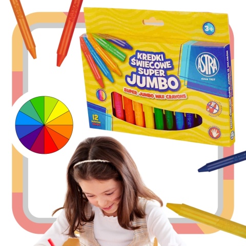 Astra KREDKI ŚWIECOWE SUPER JUMBO 12 kolorów, 14mm grubości, 10cm długości