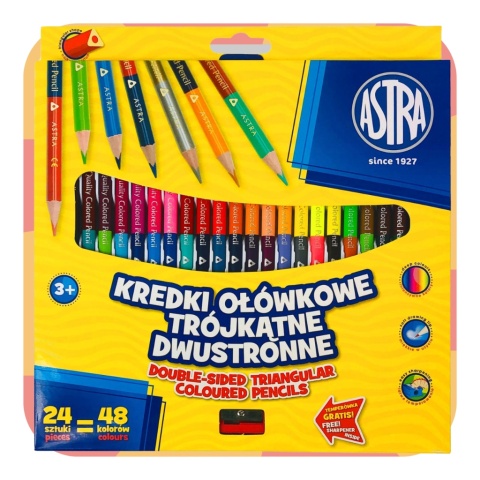 Astra KREDKI SZKOLNE TRÓJKATNE DWUSTRONNE 24 kredki 48 kolorów + TEMPERÓWKA