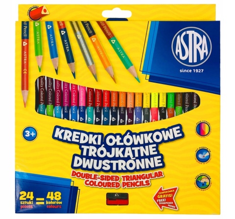Astra KREDKI SZKOLNE TRÓJKATNE DWUSTRONNE 24 kredki 48 kolorów + TEMPERÓWKA