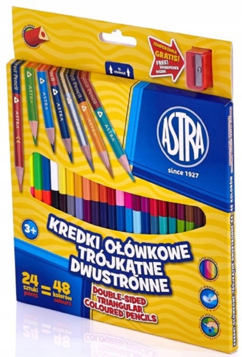 Astra KREDKI SZKOLNE TRÓJKATNE DWUSTRONNE 24 kredki 48 kolorów + TEMPERÓWKA