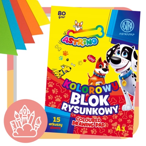 BLOK rysunkowy KOLOROWY A3 80g - 15 arkuszy ASTRA