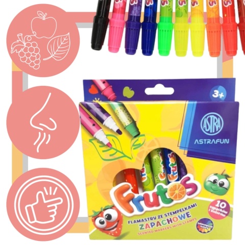FLAMASTRY MAZAKI ZE STEMPELKAMI ZAPACHOWE OWOCOWE 10 kolorów FRUTOS ASTRA