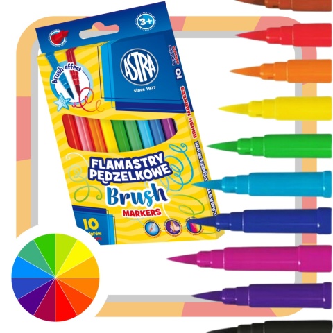 Flamastry okrągłe pędzelkowe ASTRA - 10 kolorów