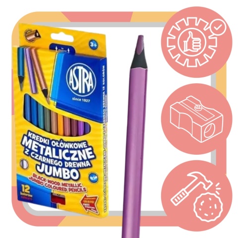 KREDKI SZKOLNE OŁÓWKOWE METAL. JUMBO 12 KOL ASTRA