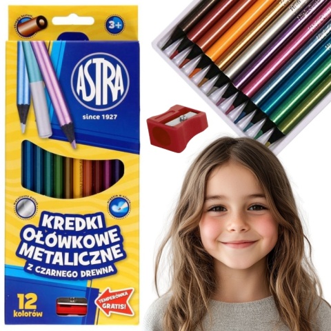 Kredki ołówkowe metaliczne z czarnego drewna Astra 12 kolorów
