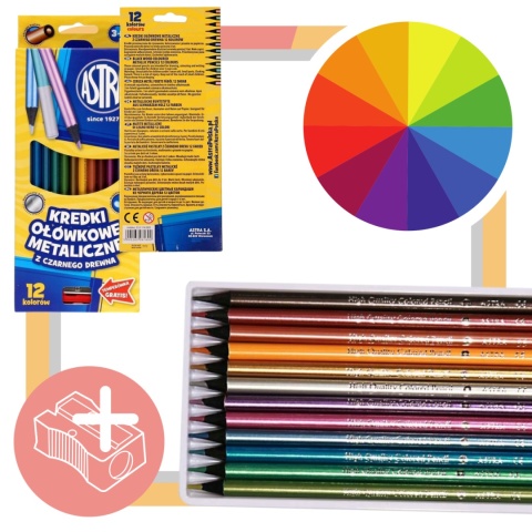 Kredki ołówkowe metaliczne z czarnego drewna Astra 12 kolorów