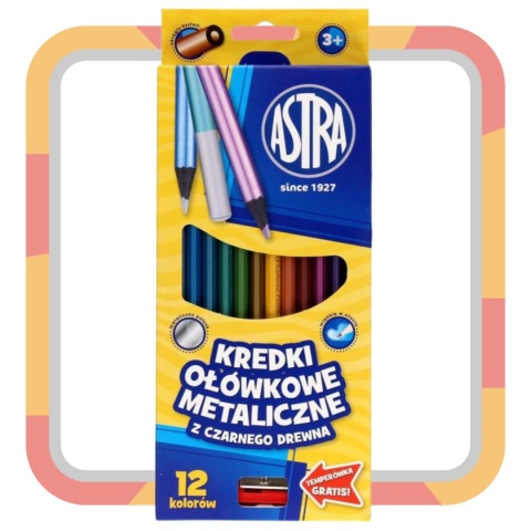 Kredki ołówkowe metaliczne z czarnego drewna Astra 12 kolorów