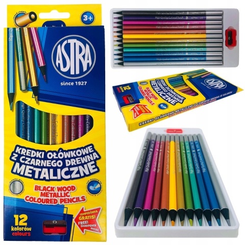 Kredki ołówkowe metaliczne z czarnego drewna Astra 12 kolorów