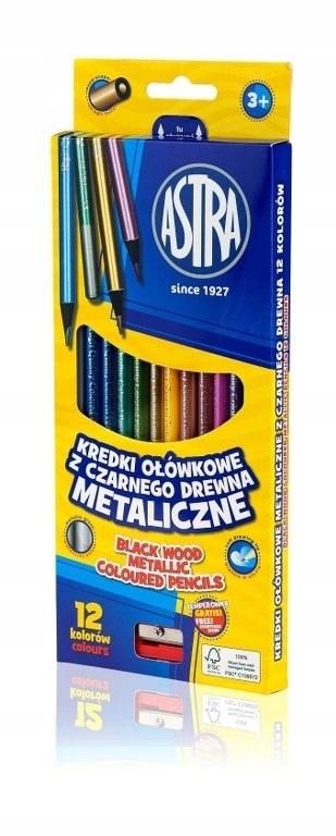 Kredki ołówkowe metaliczne z czarnego drewna Astra 12 kolorów