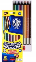 Kredki ołówkowe metaliczne z czarnego drewna Astra 12 kolorów