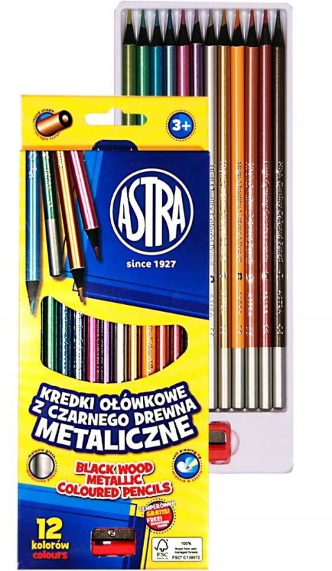 Kredki ołówkowe metaliczne z czarnego drewna Astra 12 kolorów
