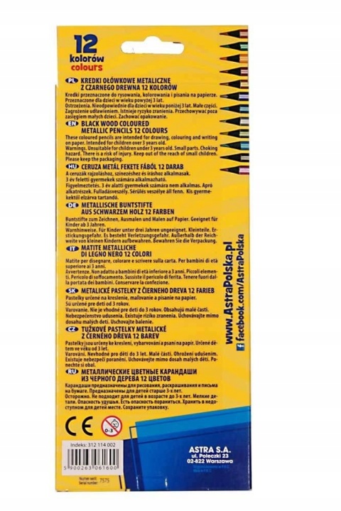 Kredki ołówkowe metaliczne z czarnego drewna Astra 12 kolorów