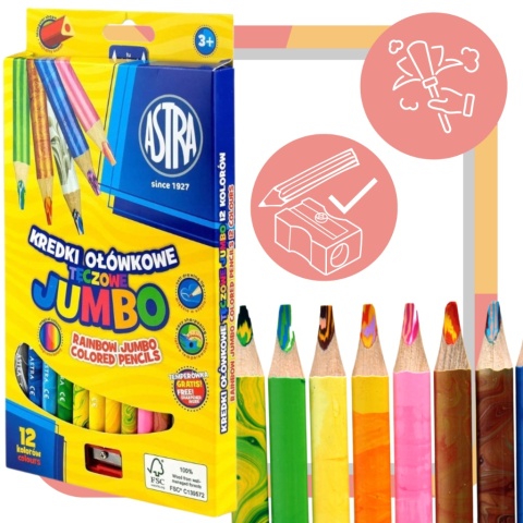 TĘCZOWE KREDKI OŁÓWKOWE GRUBE 12 KOLORÓW ASTRA