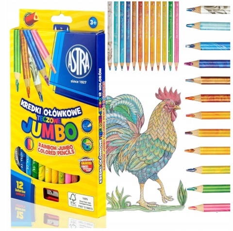 TĘCZOWE KREDKI OŁÓWKOWE GRUBE 12 KOLORÓW ASTRA