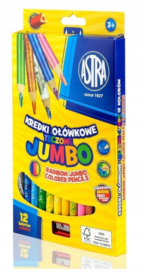 TĘCZOWE KREDKI OŁÓWKOWE GRUBE 12 KOLORÓW ASTRA