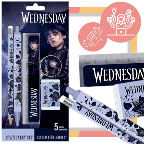 Zestaw piśmienniczy Wednesday 5 el. linijka, gumka, temperówka, długopis