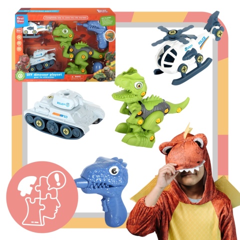 ZESTAW KONSTRUKCYJNY DO MONTAŻU DINOZAURA NARZĘDZIA CZOŁG HELIKOPTER