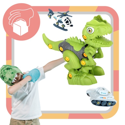 ZESTAW KONSTRUKCYJNY DO MONTAŻU DINOZAURA NARZĘDZIA CZOŁG HELIKOPTER