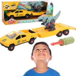 ZESTAW SAMOCHÓD Z DINOZAUREM DO MONTAŻU I DEMONTAŻU PRZYCZEPA ŚRUBOKRĘT