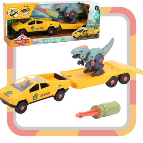 ZESTAW SAMOCHÓD Z DINOZAUREM DO MONTAŻU I DEMONTAŻU PRZYCZEPA ŚRUBOKRĘT