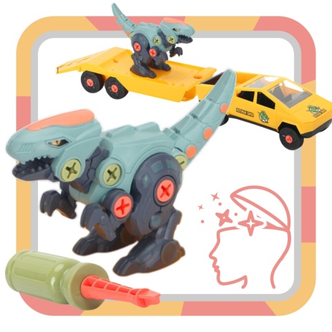 ZESTAW SAMOCHÓD Z DINOZAUREM DO MONTAŻU I DEMONTAŻU PRZYCZEPA ŚRUBOKRĘT