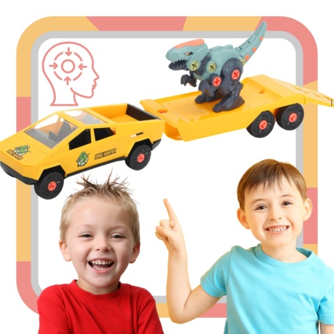 ZESTAW SAMOCHÓD Z DINOZAUREM DO MONTAŻU I DEMONTAŻU PRZYCZEPA ŚRUBOKRĘT