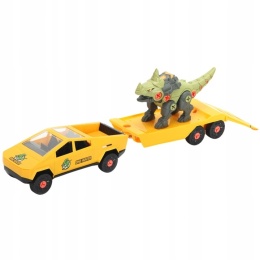 ZESTAW SAMOCHÓD Z DINOZAUREM DO SAMODZIELNEGO MONTAŻU PRZYCZEPA ŚRUBOKRĘT