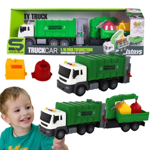 Śmieciarka Ciężarówka Z Przyczepą Dźwig Efekty Świetlne Dźwiękowe 2 Kubły