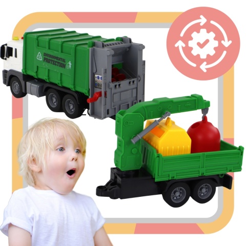 Śmieciarka Ciężarówka Z Przyczepą Dźwig Efekty Świetlne Dźwiękowe 2 Kubły