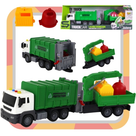 Śmieciarka Ciężarówka Z Przyczepą Dźwig Efekty Świetlne Dźwiękowe 2 Kubły