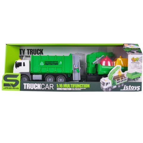 Śmieciarka Ciężarówka Z Przyczepą Dźwig Efekty Świetlne Dźwiękowe 2 Kubły