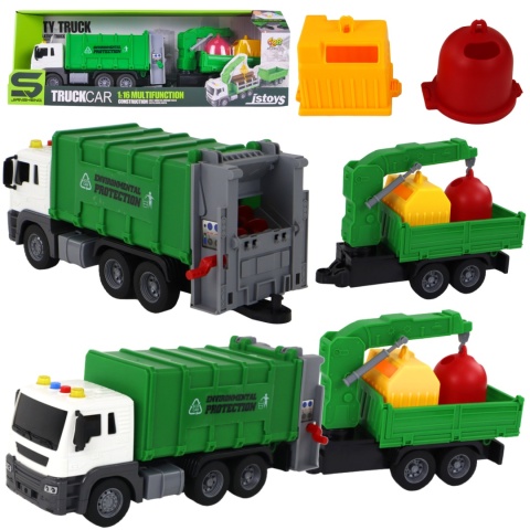 Śmieciarka Ciężarówka Z Przyczepą Dźwig Efekty Świetlne Dźwiękowe 2 Kubły