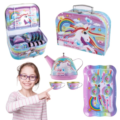 ZESTAW DO HERBATY W WALIZCE JEDNOROŻEC DZBANEK TACKA TALERZYKI FILIŻANKI