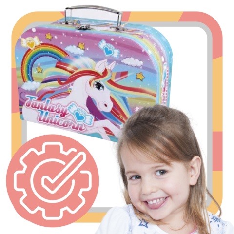 ZESTAW DO HERBATY W WALIZCE JEDNOROŻEC DZBANEK TACKA TALERZYKI FILIŻANKI