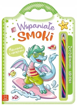 Malowanka z naklejkami i tęczową kredką Wspaniałe smoki Kolorowanka