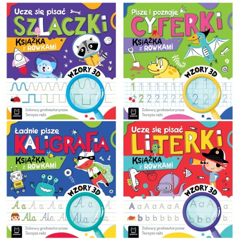 Nauka pisania dla dzieci zestaw 4 książeczek z rowkami 3D Literki Cyferki Szlaczki Kaligrafia ćwiczenia grafomotoryczne 4–6 lat